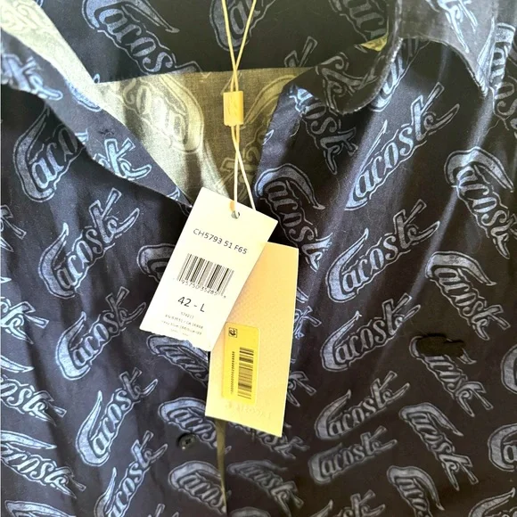 Lacoste NWT mens dark blue crocodile patterned cotton shirt size Large - Picture 2 of 3